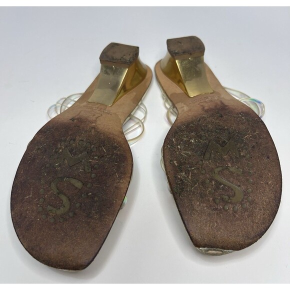 Stuart Weitzman Women’s 6 1/2 Gold Colored Hologram Sandals Gold Strap Heel - Picture 7 of 8